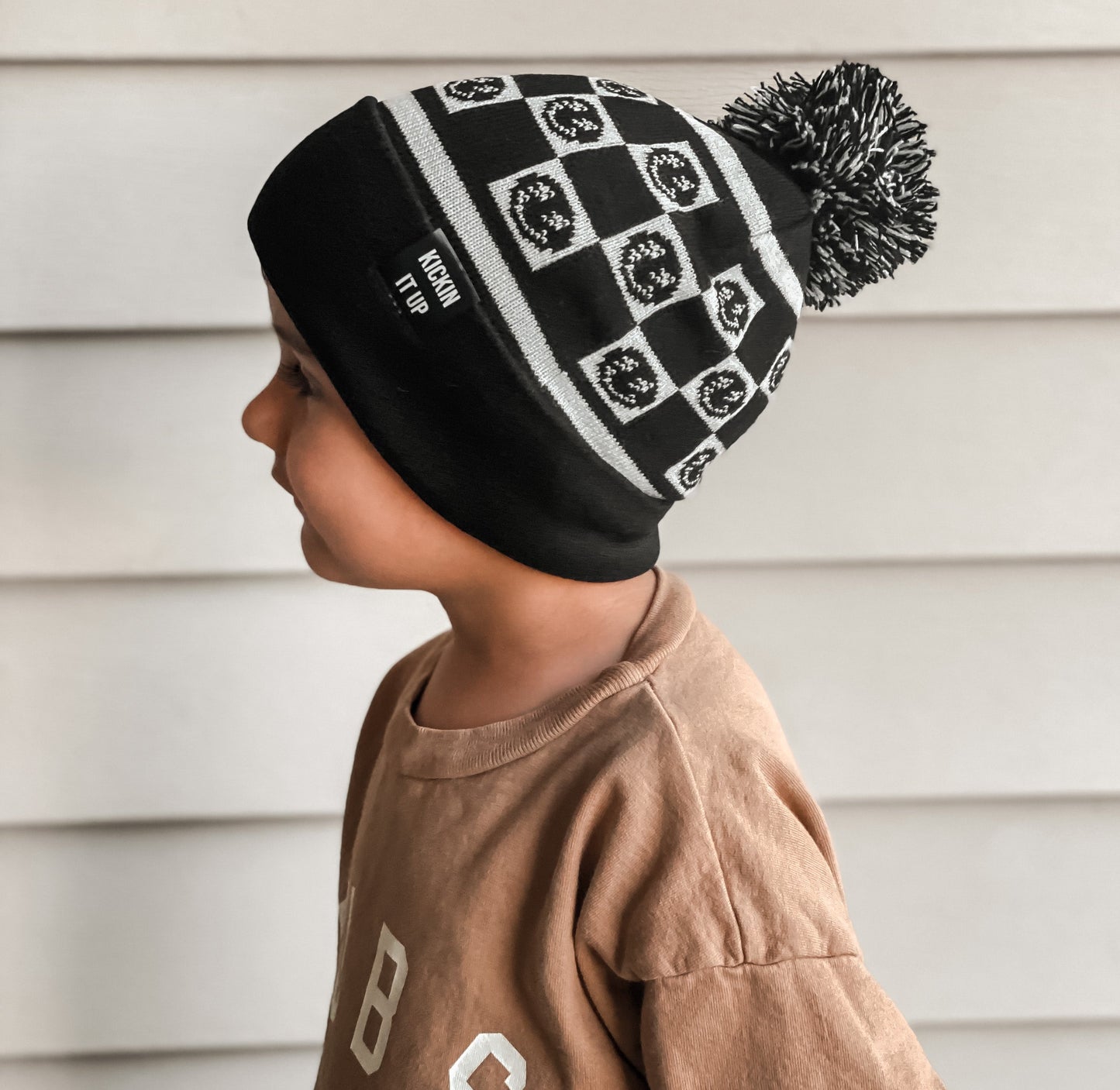 Black Smiley Check Beanie