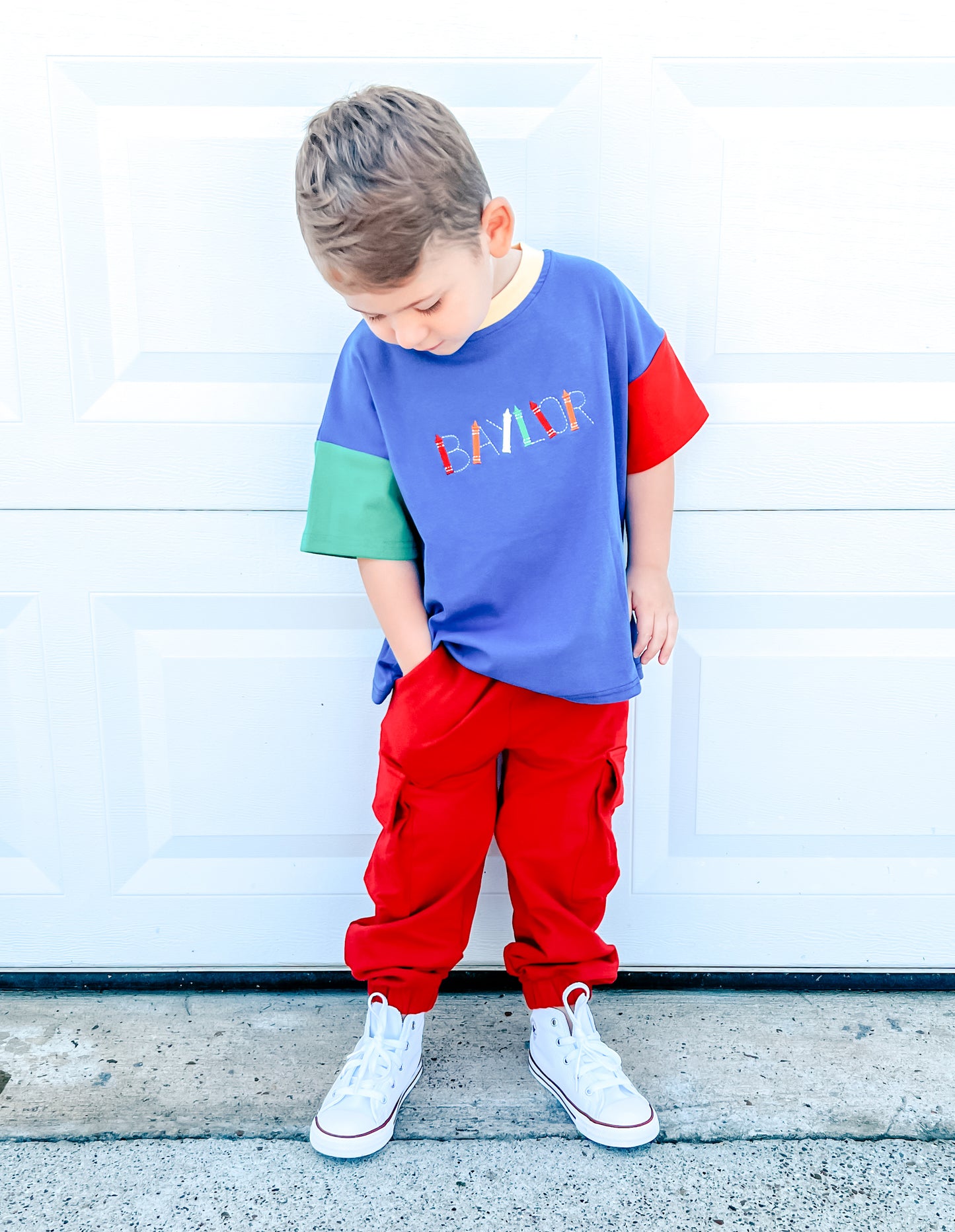 Custom Embroidered 90s Colorblock T-Shirt Romper or Oversized Tee Set - choice of bottoms