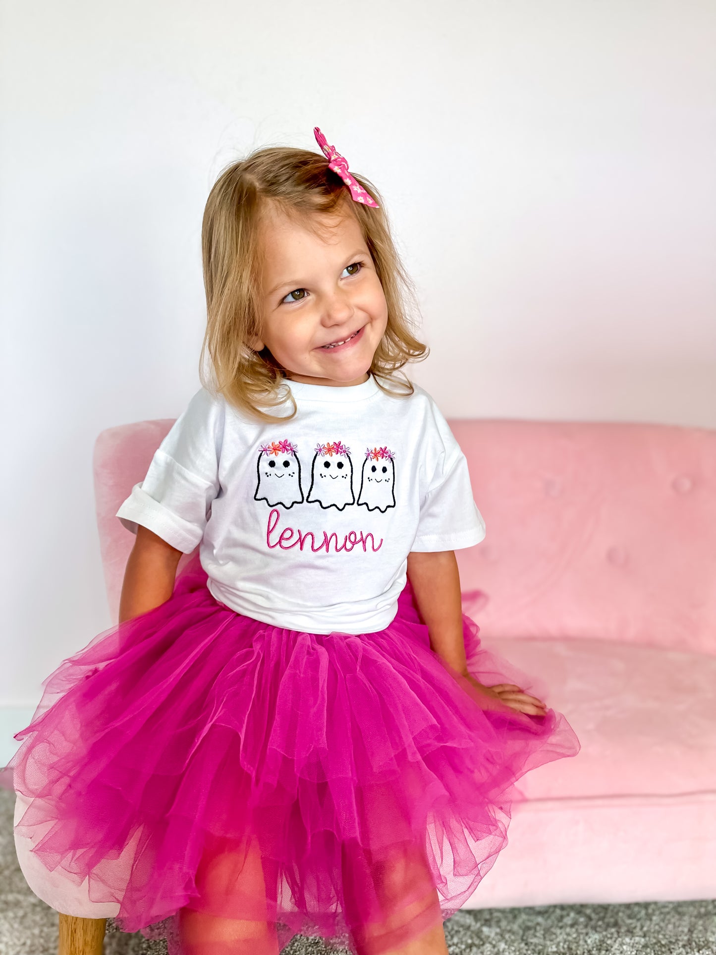 Custom Embroidered Organic Cotton Tee or T-Shirt Romper - Girly Ghost Trio