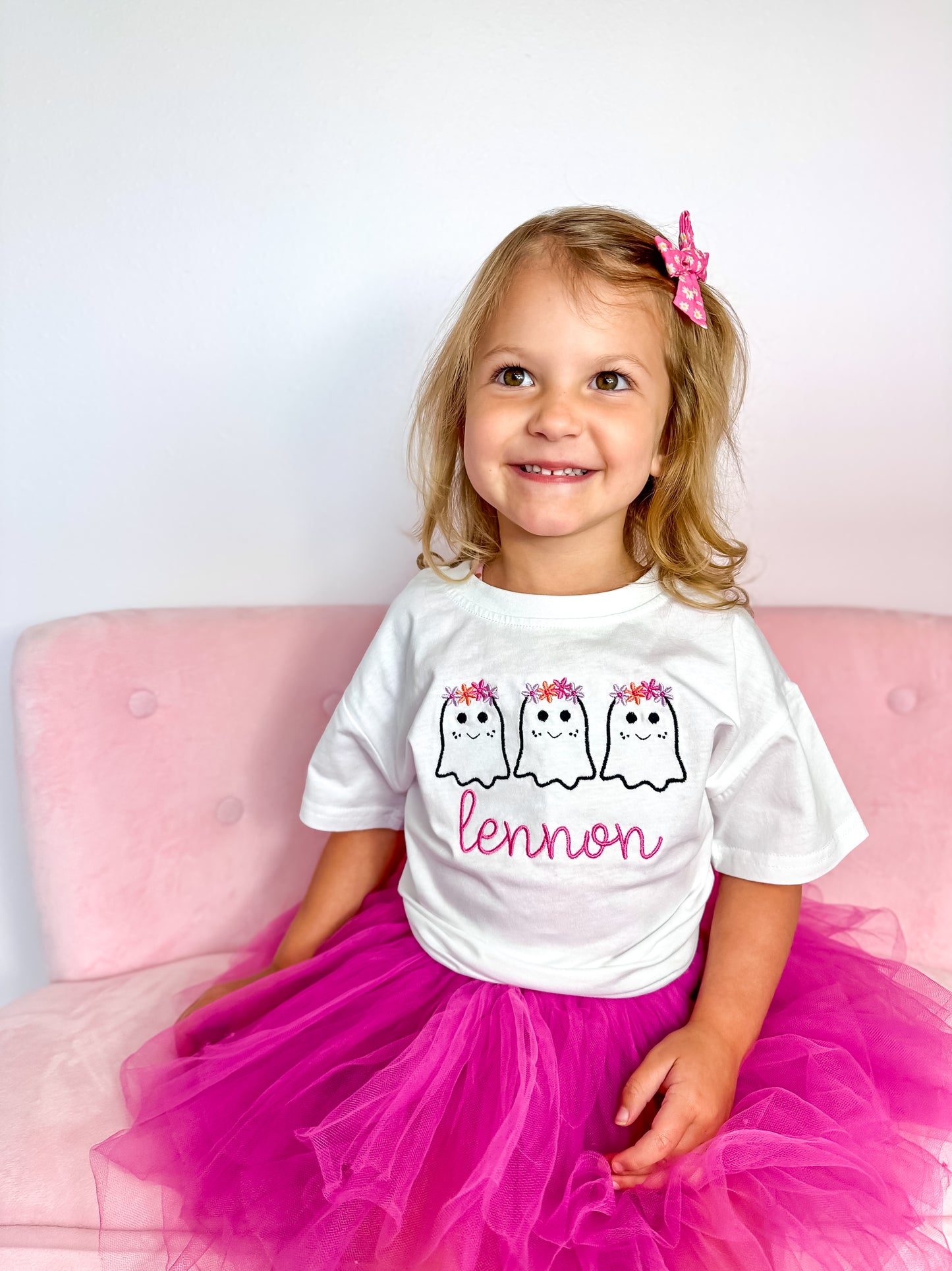 Custom Embroidered Organic Cotton Tee or T-Shirt Romper - Girly Ghost Trio