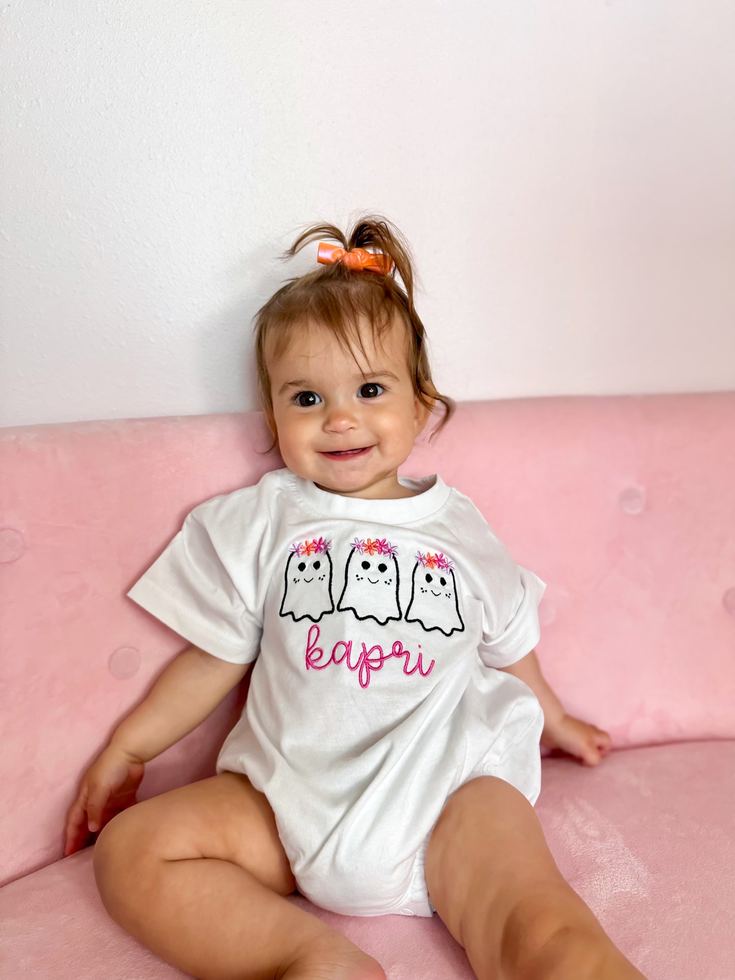 Custom Embroidered Organic Cotton Tee or T-Shirt Romper - Girly Ghost Trio
