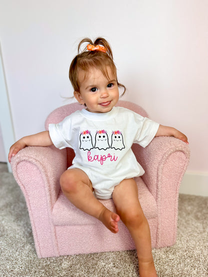Custom Embroidered Organic Cotton Tee or T-Shirt Romper - Girly Ghost Trio