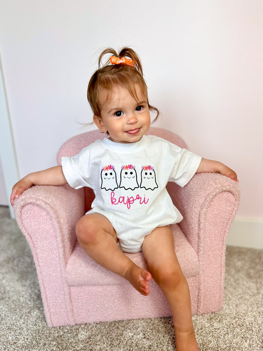 Custom Embroidered Organic Cotton Tee or T-Shirt Romper - Girly Ghost Trio