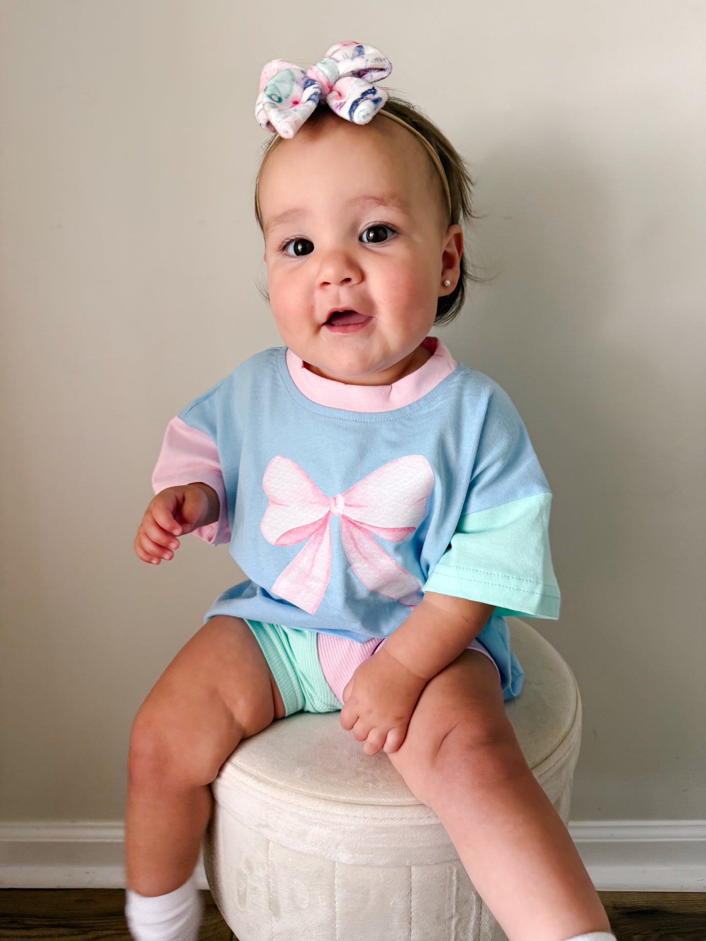 Pink Bow Colorblock Tee & Bamboo Shorts Set