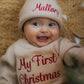 Custom Embroidered My First Christmas Knit Sweater Romper + Add-On Booties & Hat Set