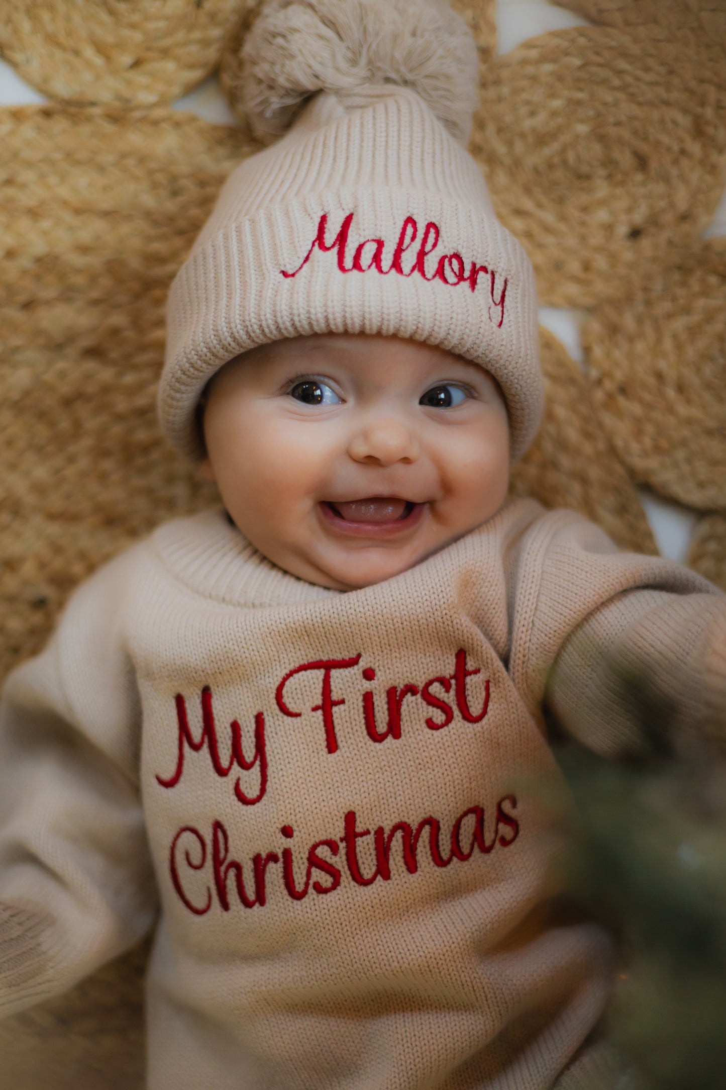 Custom Embroidered My First Christmas Knit Sweater Romper + Add-On Booties & Hat Set