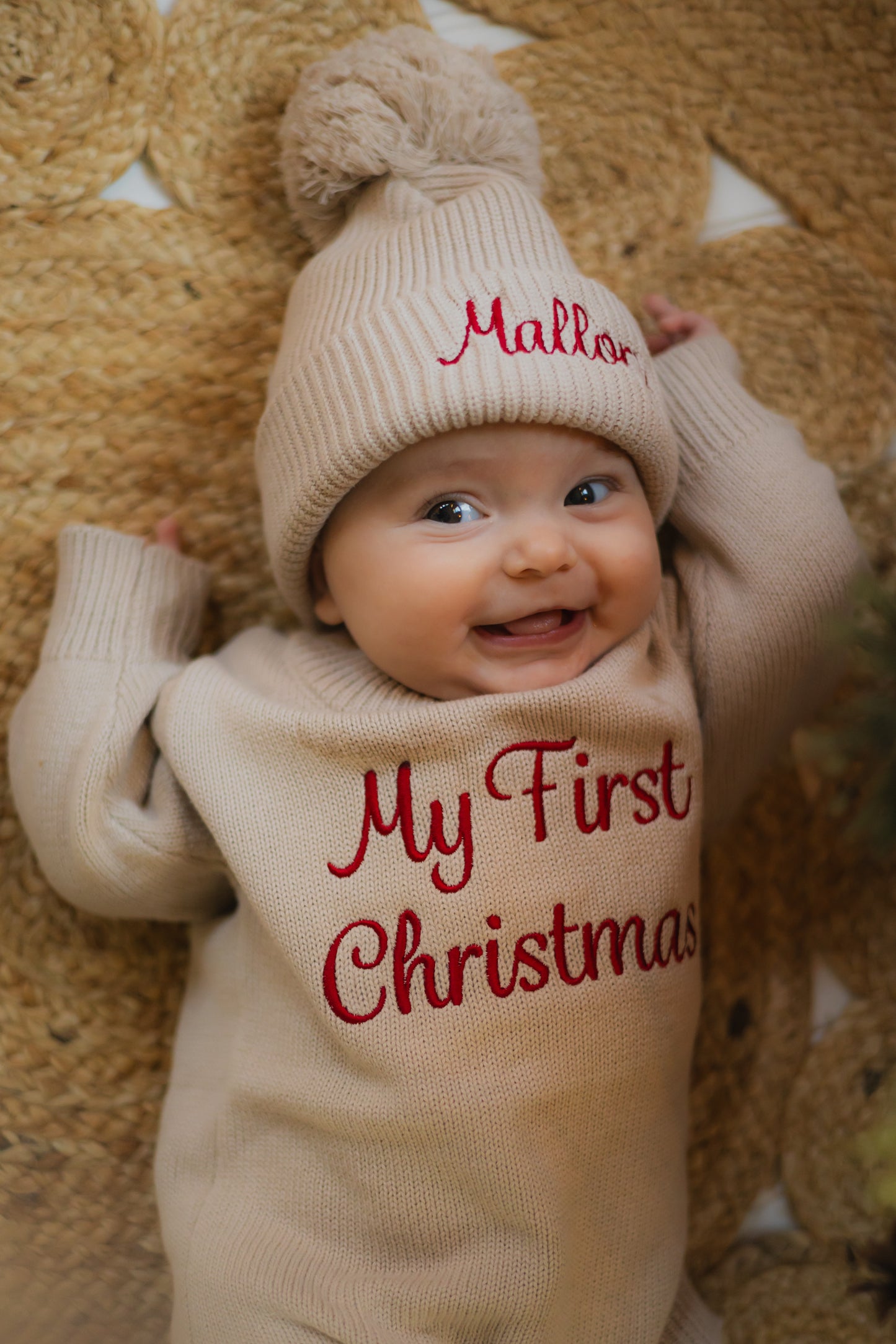 Custom Embroidered My First Christmas Knit Sweater Romper + Add-On Booties & Hat Set