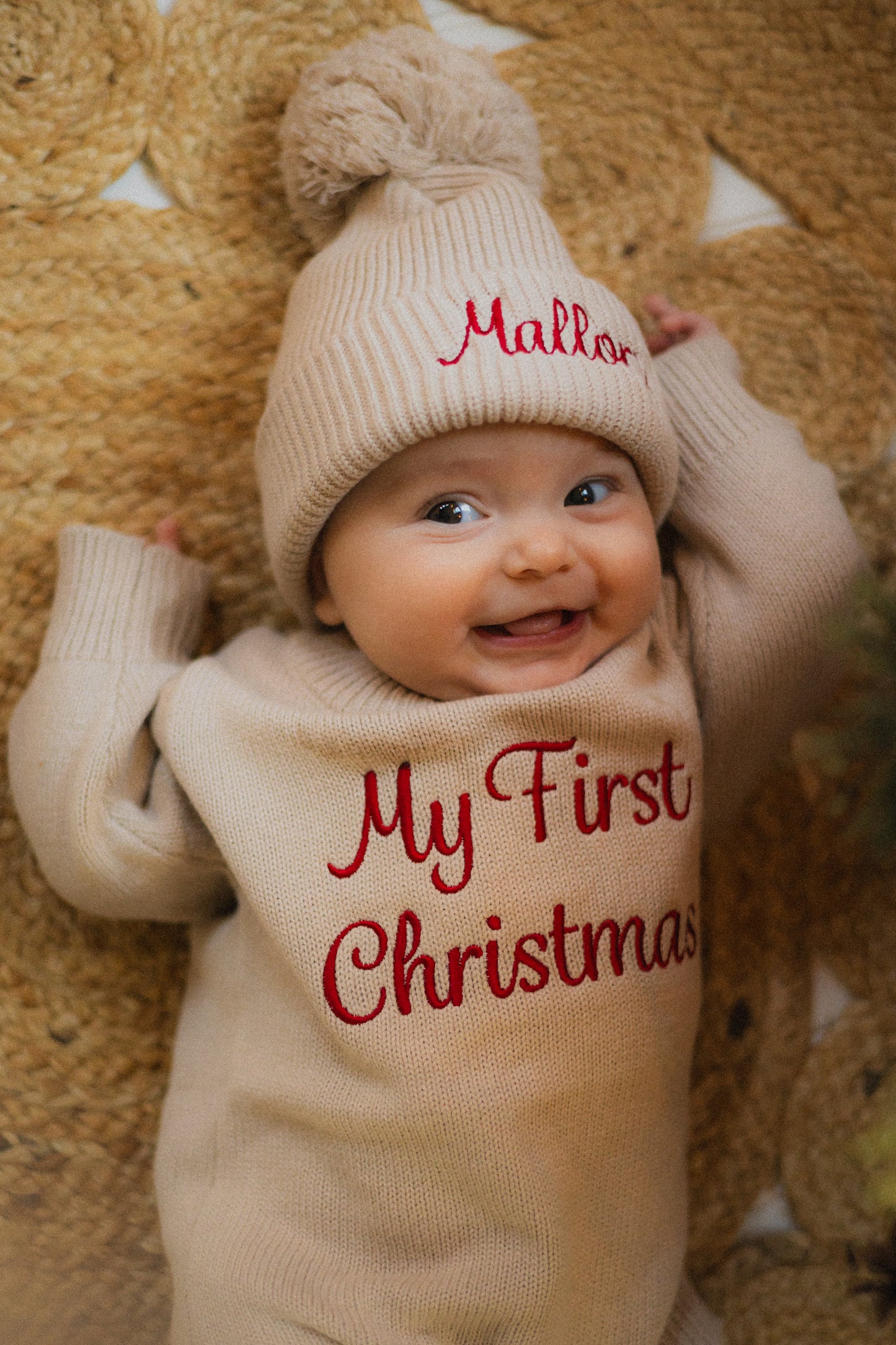 Custom Embroidered My First Christmas Knit Sweater Romper + Add-On Booties & Hat Set