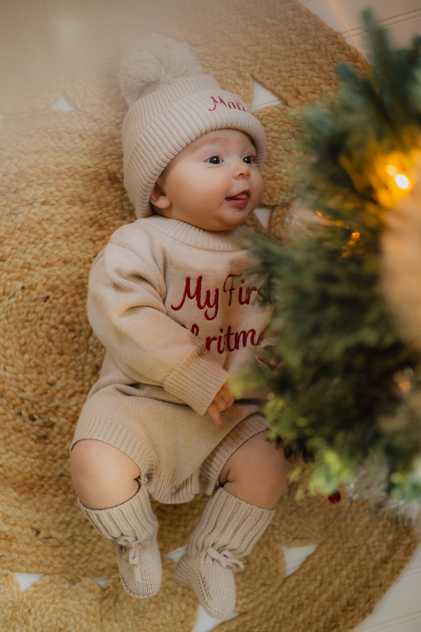Custom Embroidered My First Christmas Knit Sweater Romper + Add-On Booties & Hat Set