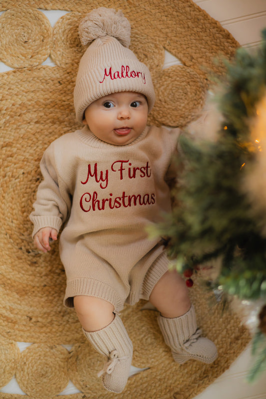 Custom Embroidered My First Christmas Knit Sweater Romper + Add-On Booties & Hat Set
