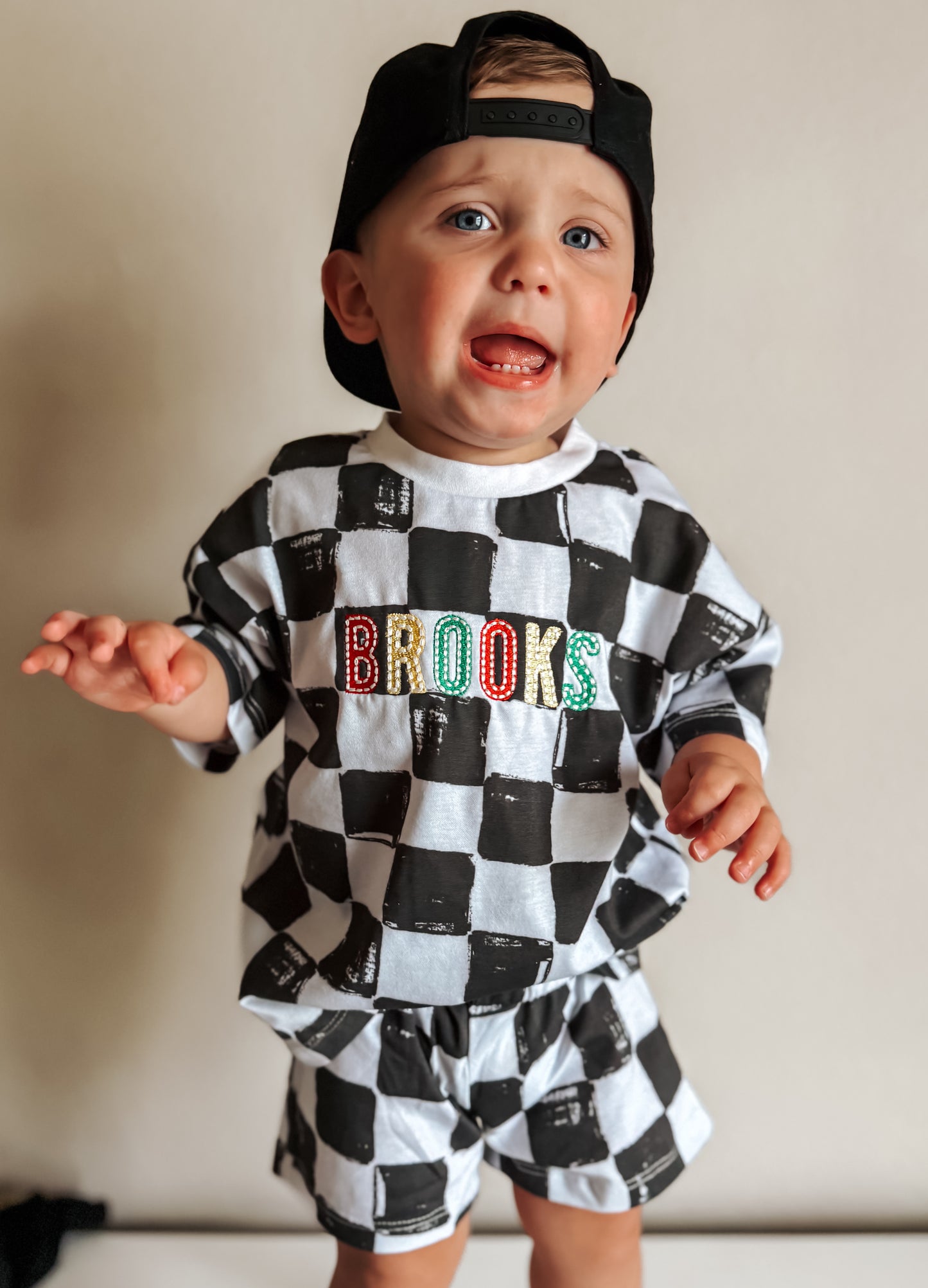 Personalized Embroidered Organic Cotton Black & White Checkered Shorts Set