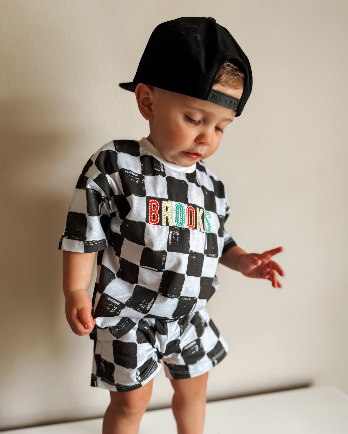 Personalized Embroidered Organic Cotton Black & White Checkered Shorts Set