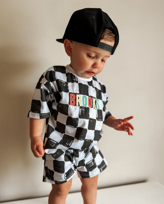 Personalized Embroidered Organic Cotton Black & White Checkered Shorts Set
