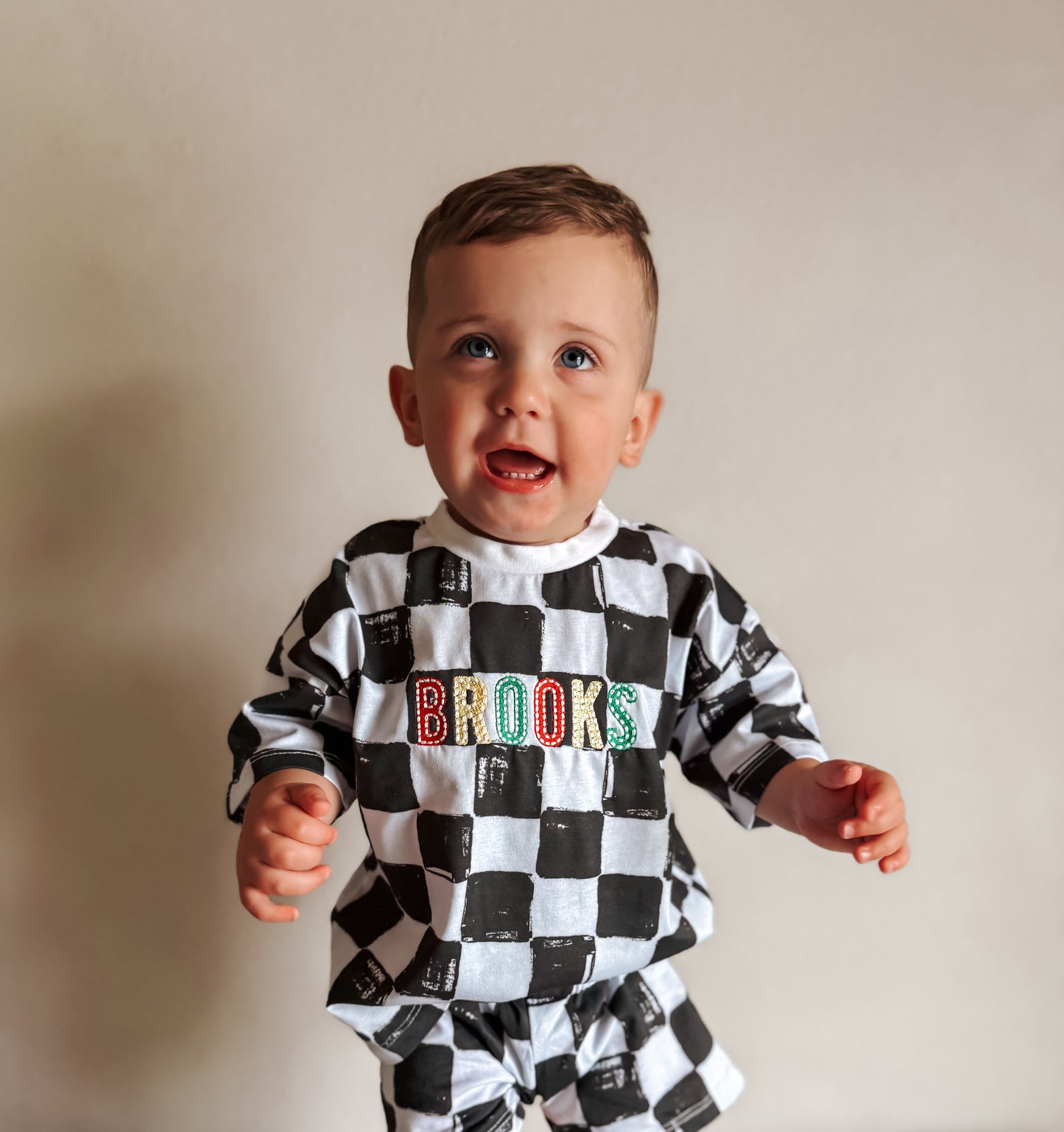 Personalized Embroidered Organic Cotton Black & White Checkered Shorts Set