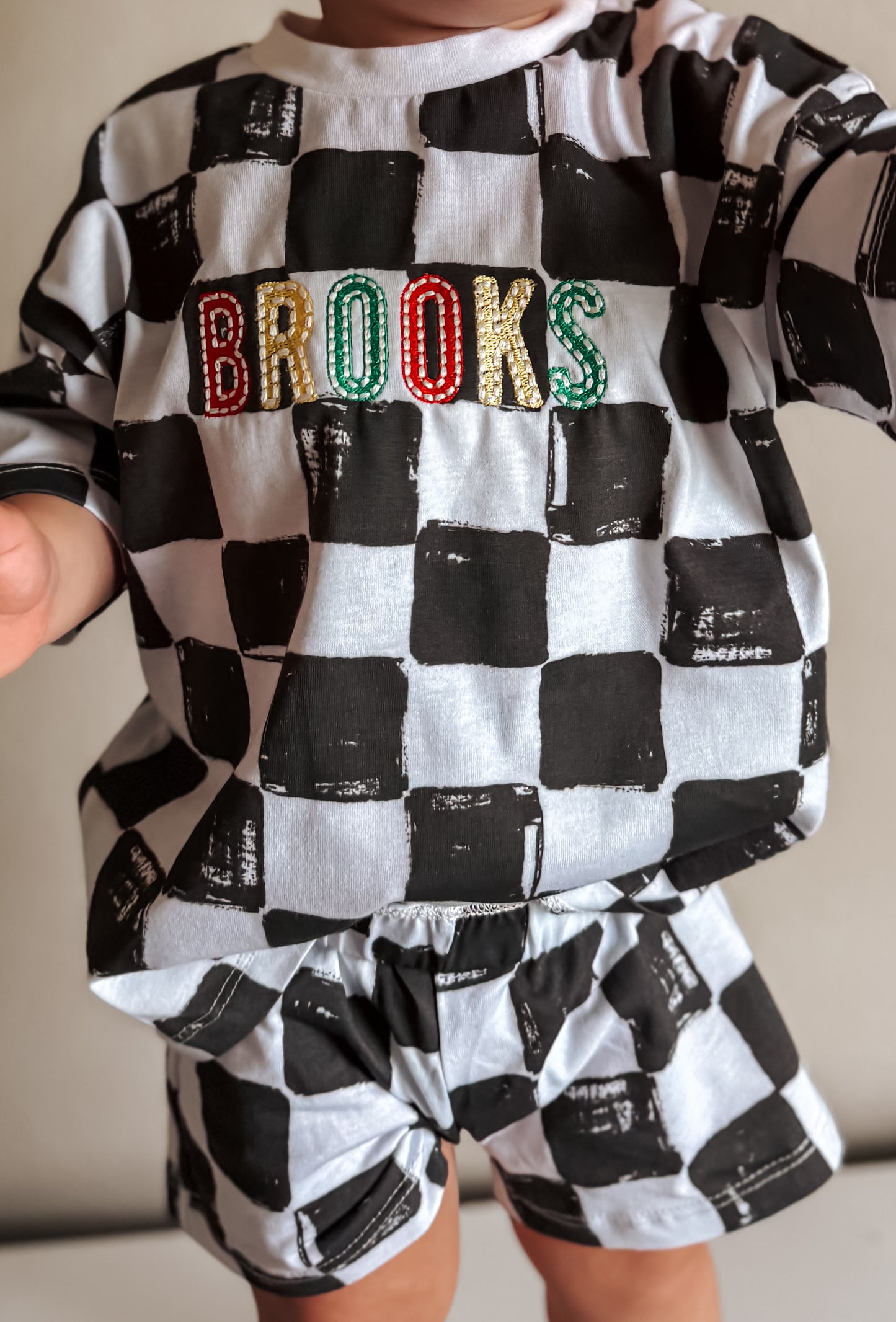 Personalized Embroidered Organic Cotton Black & White Checkered Shorts Set