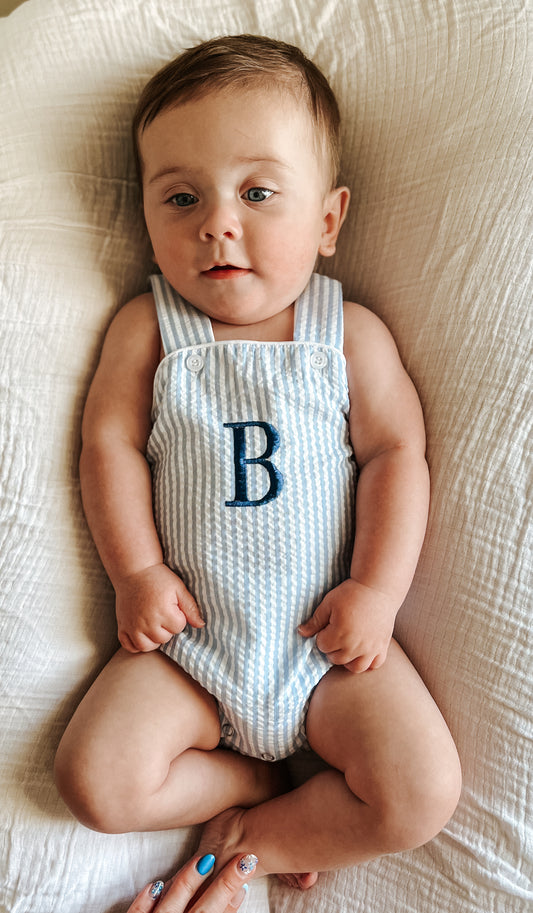 Custom Embroidered Blue Striped Seersucker Sunsuit