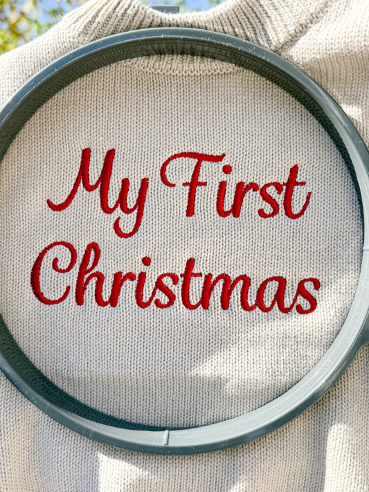 Custom Embroidered My First Christmas Knit Sweater Romper + Add-On Booties & Hat Set