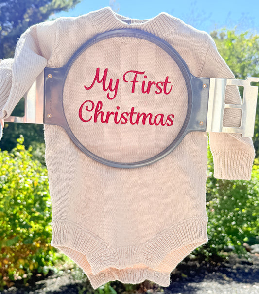 Custom Embroidered My First Christmas Knit Sweater Romper + Add-On Booties & Hat Set