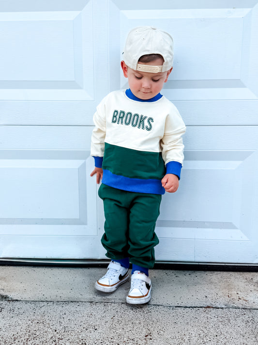 Custom Embroidered Organic Cotton Colorblock Jogger Set — Cream. Blue & Green