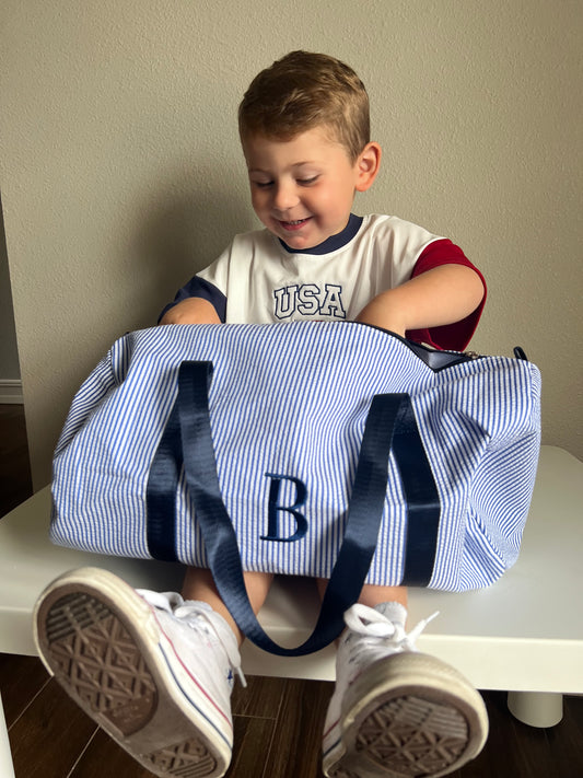 Custom Embroidered Seersucker Toddler Duffle Bag - Navy