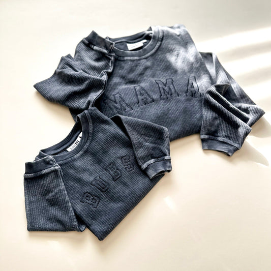 Bubs Black on Black Embroidered Varsity Corded Crewneck