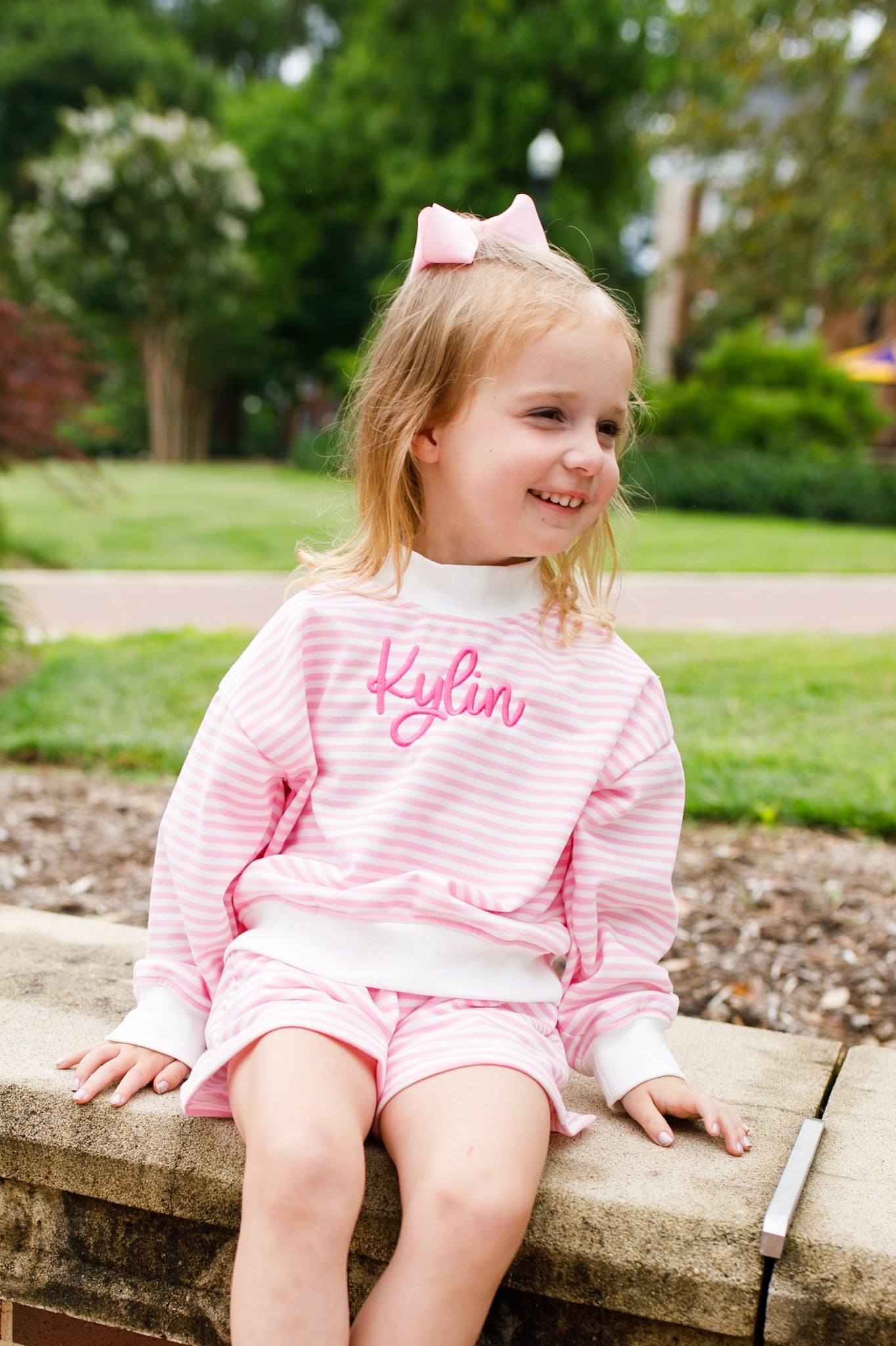 Pink Striped Mock Neck Shorts Set - Optional Custom Embroidery