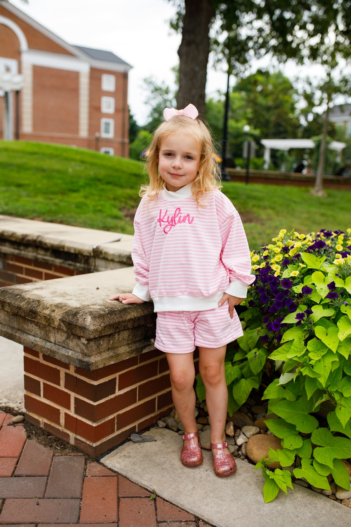 Pink Striped Mock Neck Shorts Set - Optional Custom Embroidery