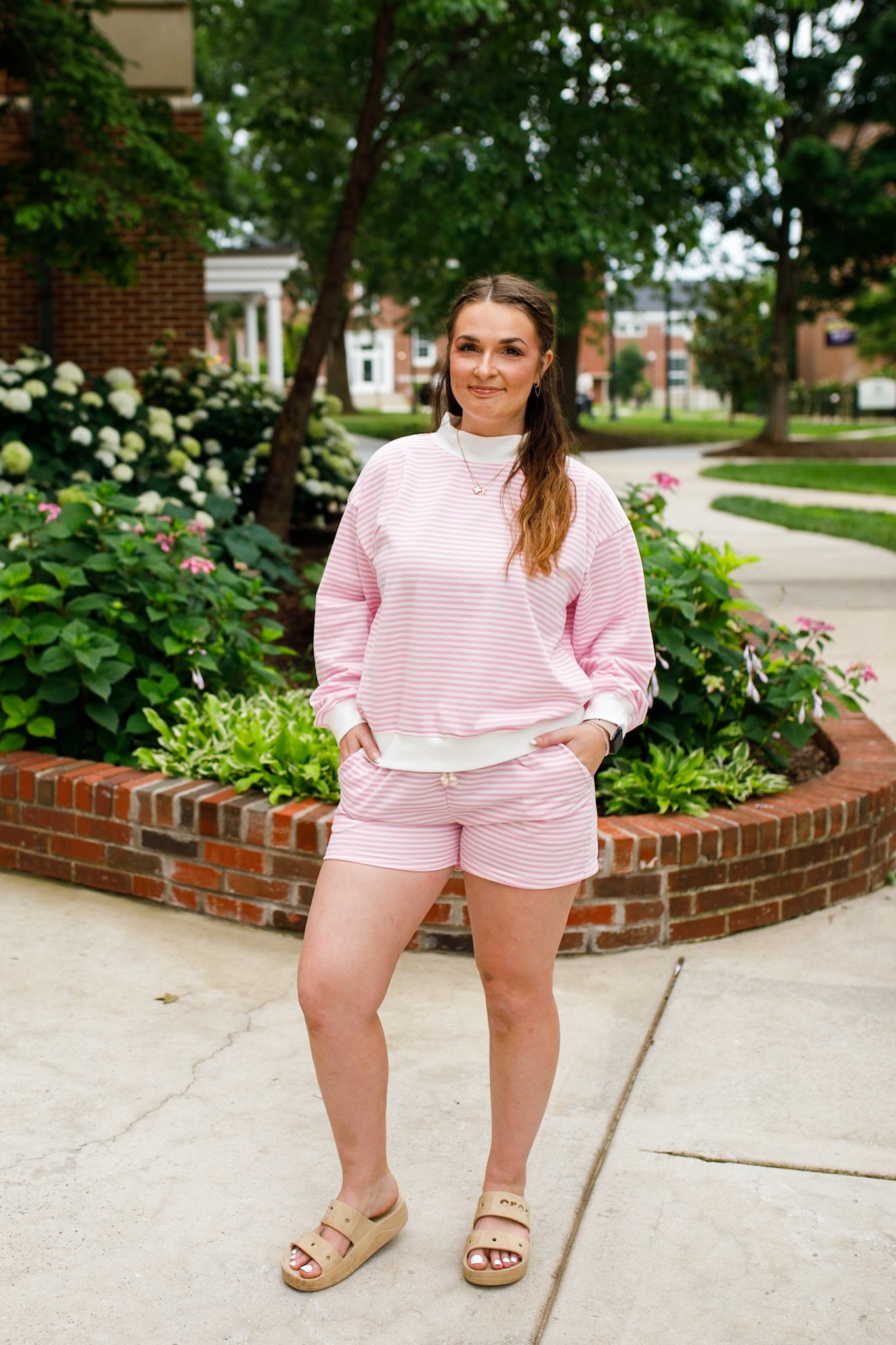 Women's Pink Striped Mock Neck Shorts Set - Mommy & Me Matching