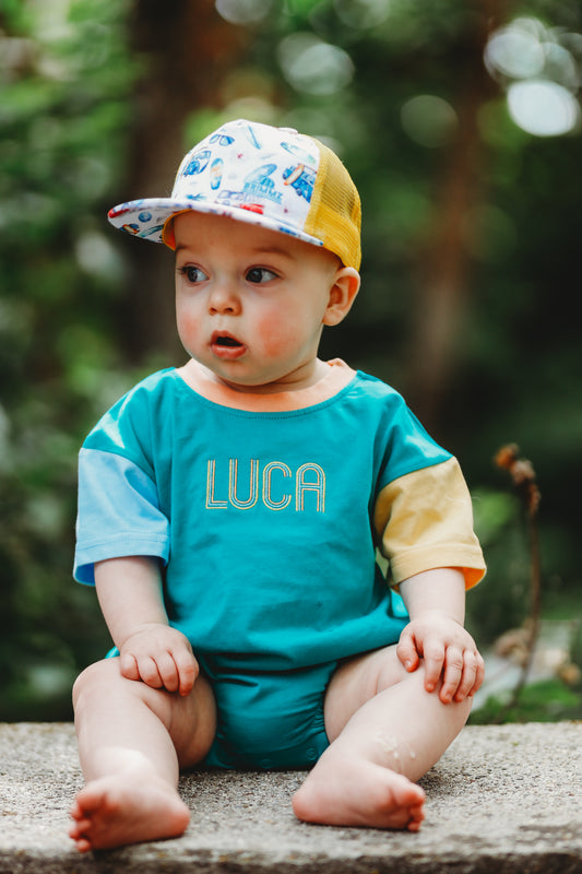 Custom Embroidered Colorblock T-Shirt Romper - Green