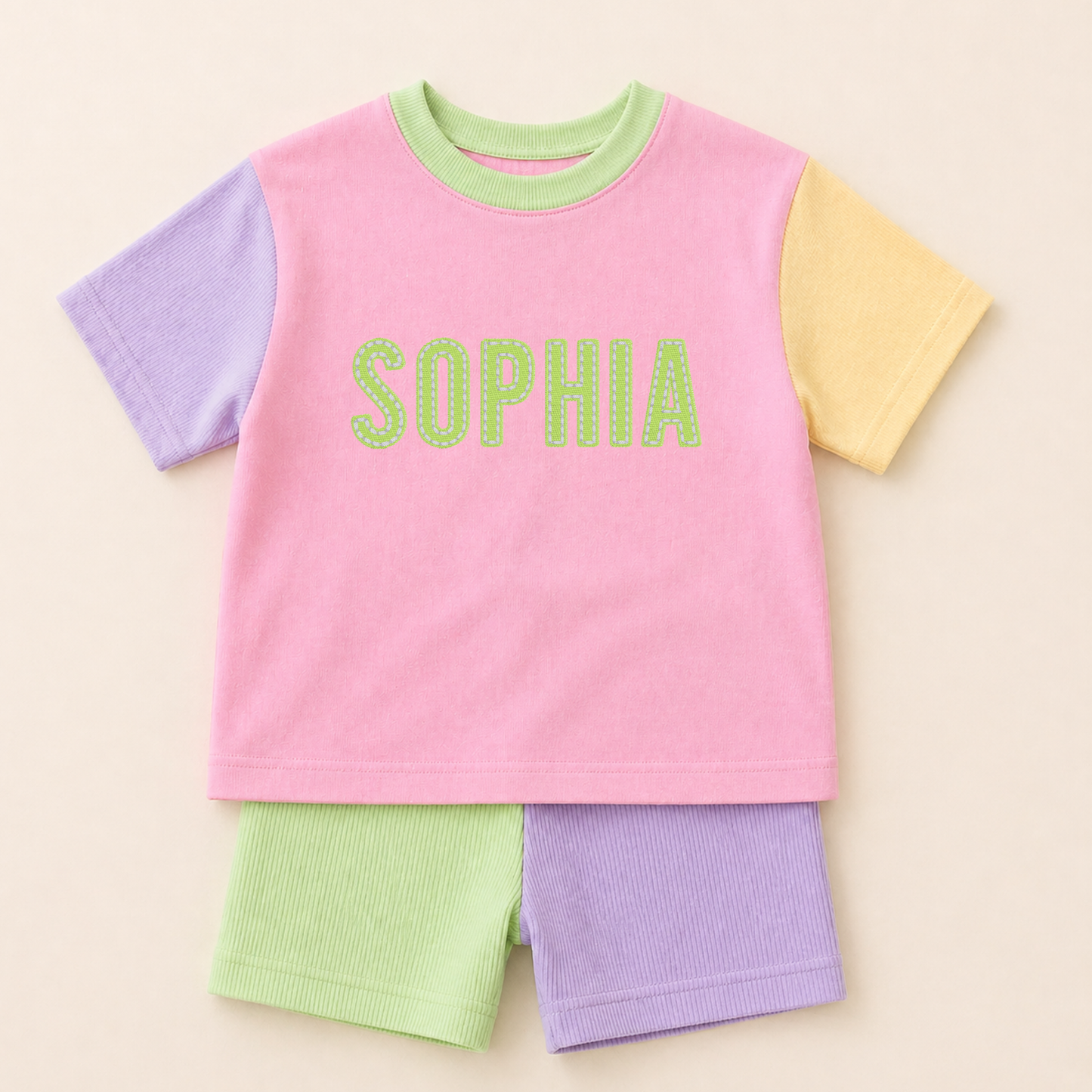 Custom Embroidered Girls Colorblock Tee & Bamboo Shorts Set