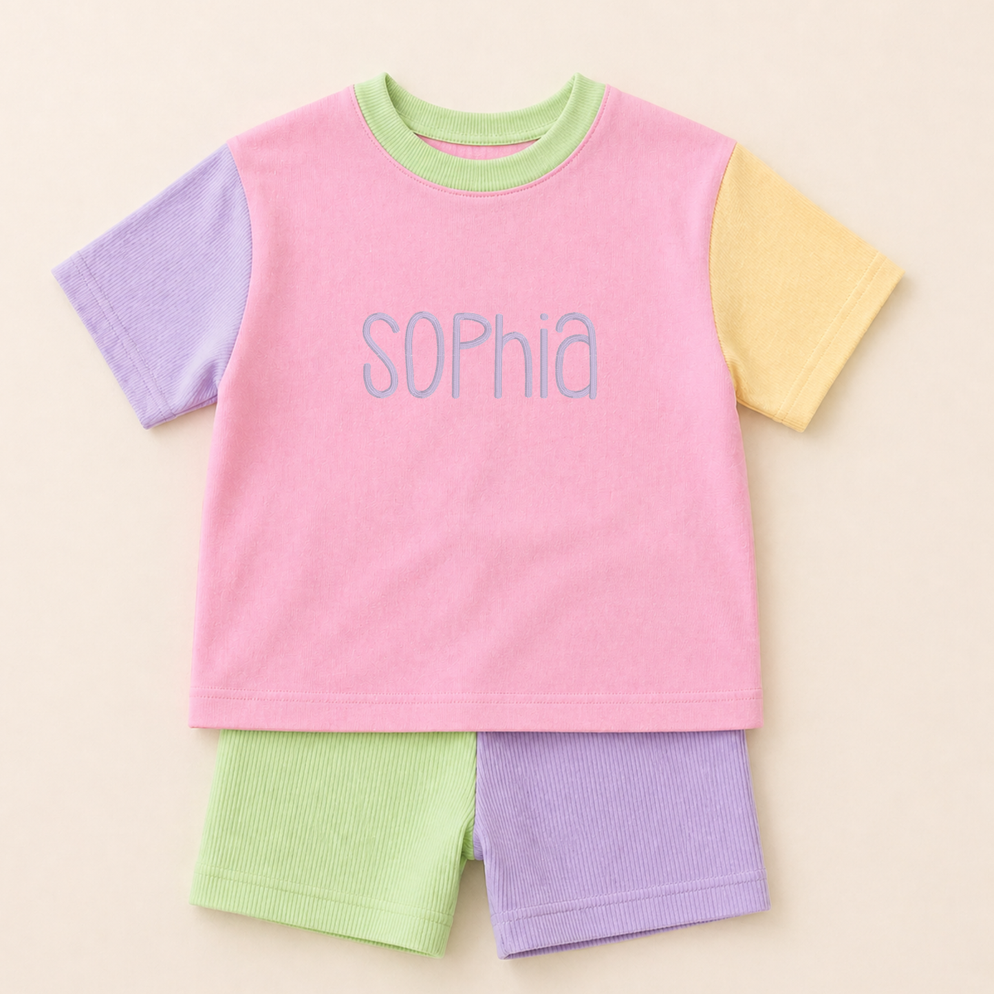 Custom Embroidered Girls Colorblock Tee & Bamboo Shorts Set