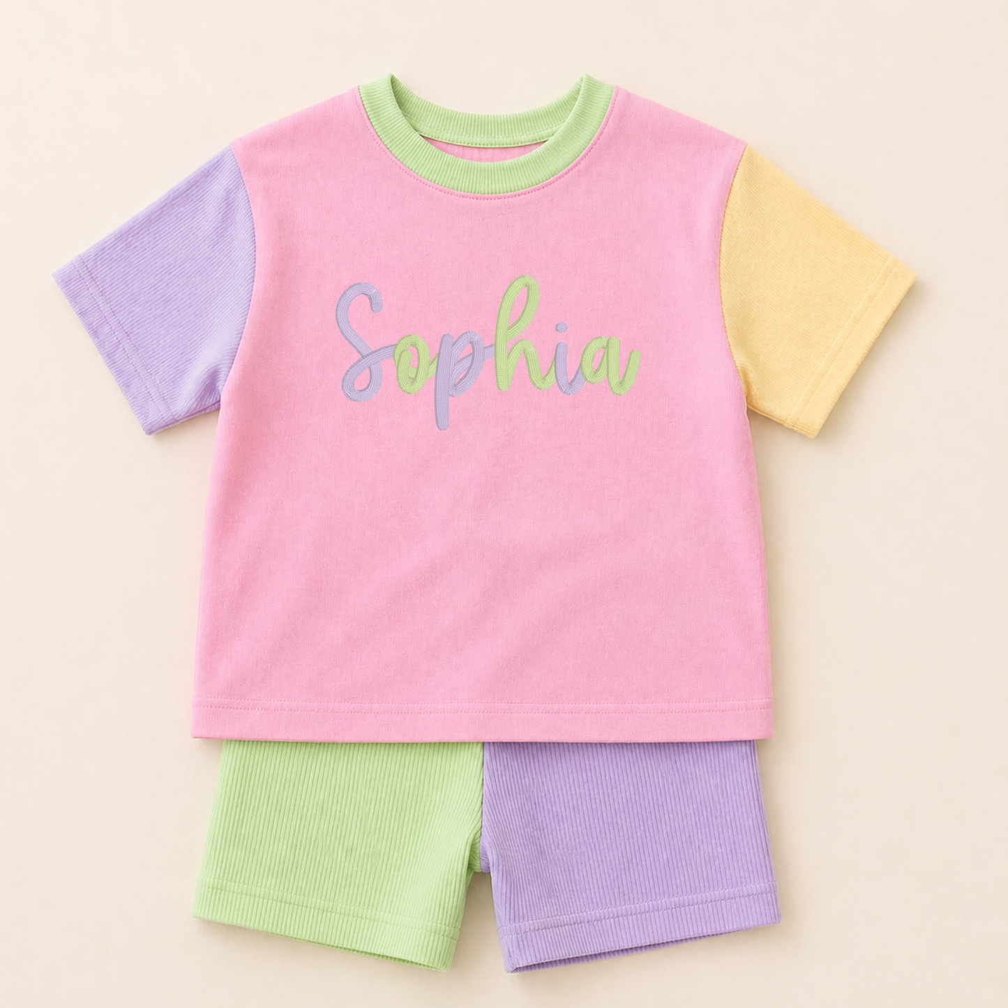 Custom Embroidered Girls Colorblock Tee & Bamboo Shorts Set