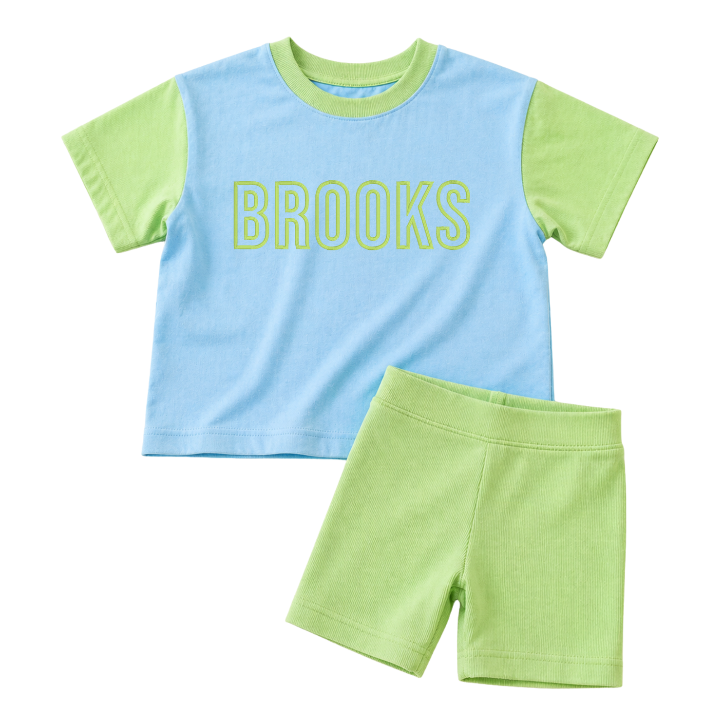 Custom Embroidered Colorblock Oversized Tee or Biker Set - Blue & Green