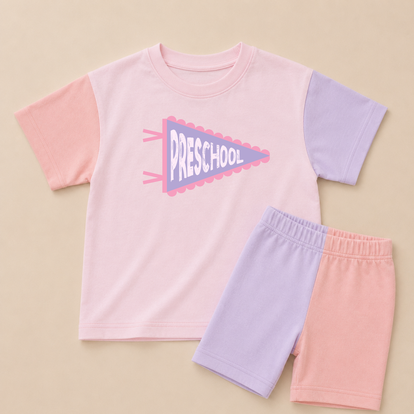 Back to School Pink Colorblock Tee & Bike Shorts Set - Grade Level Pennant