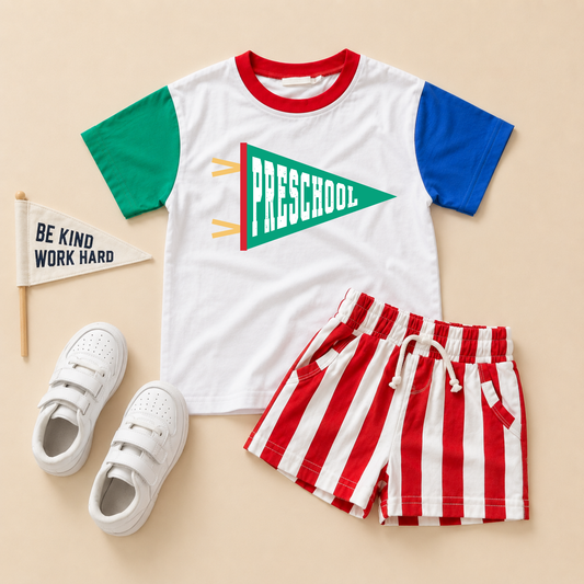 Back to School Retro Colorblock T-Shirt Romper or Oversized Tee - Grade Level Pennant