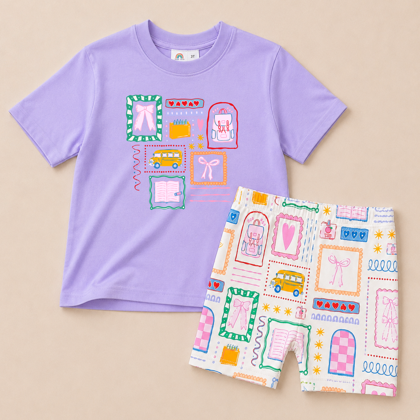 Back to School Graphic Tee & Biker Shorts Set – Pink or Purple