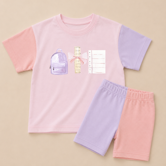 Back to School Pink Colorblock Tee & Bike Shorts Set