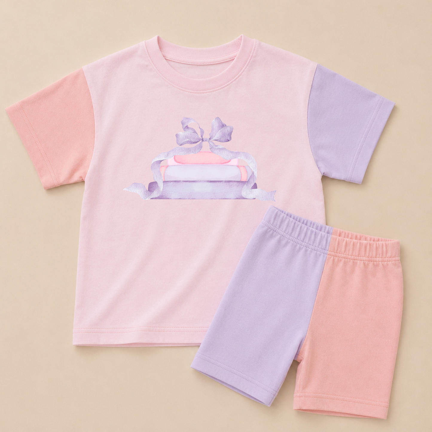 Back to School Pink Colorblock Tee & Bike Shorts Set