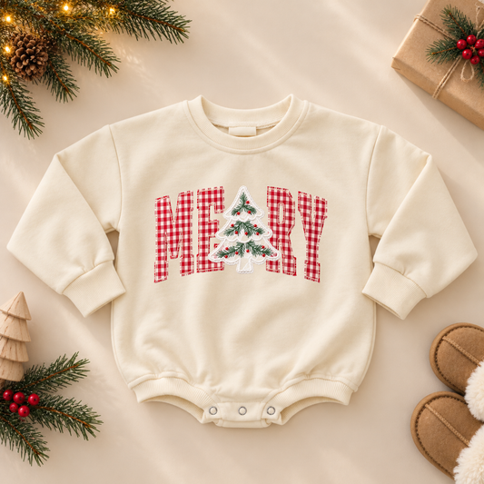 Lace Christmas Tree & Gingham Merry Graphic Sweatshirt or Romper