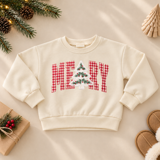 Lace Christmas Tree & Gingham Merry Graphic Sweatshirt or Romper
