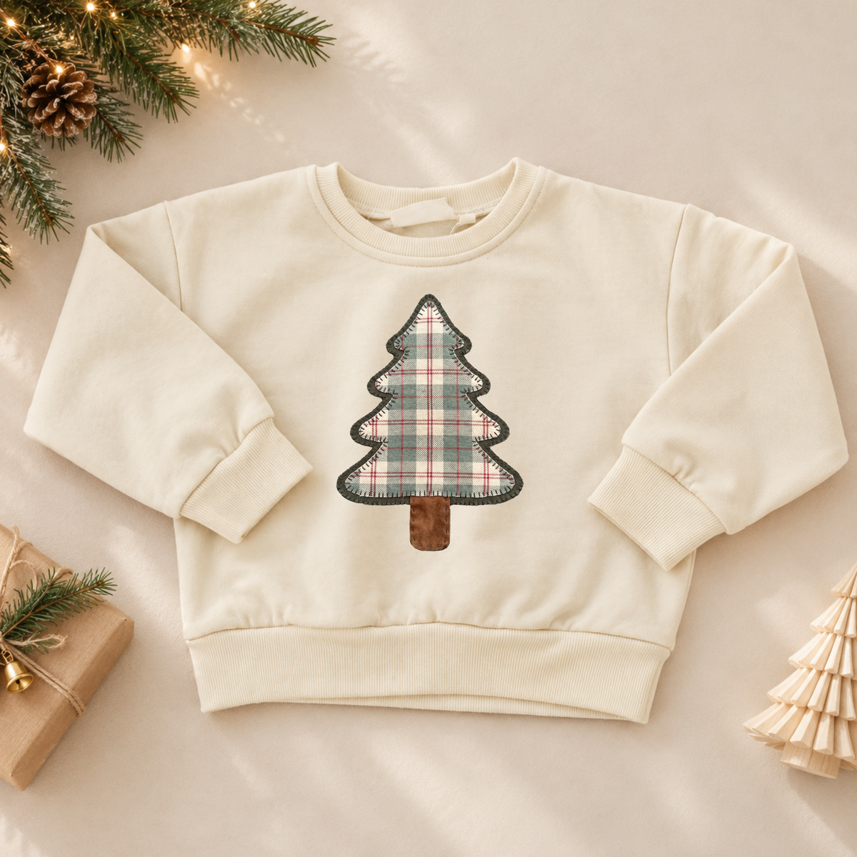 Patchwork Plaid Christmas Tree Crewneck Sweatshirt or Romper - Red or Cream