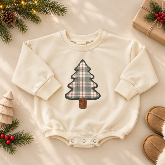Patchwork Plaid Christmas Tree Crewneck Sweatshirt or Romper - Red or Cream