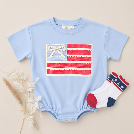 4th of July Lace Bow Flag Tee or Bubble Romper