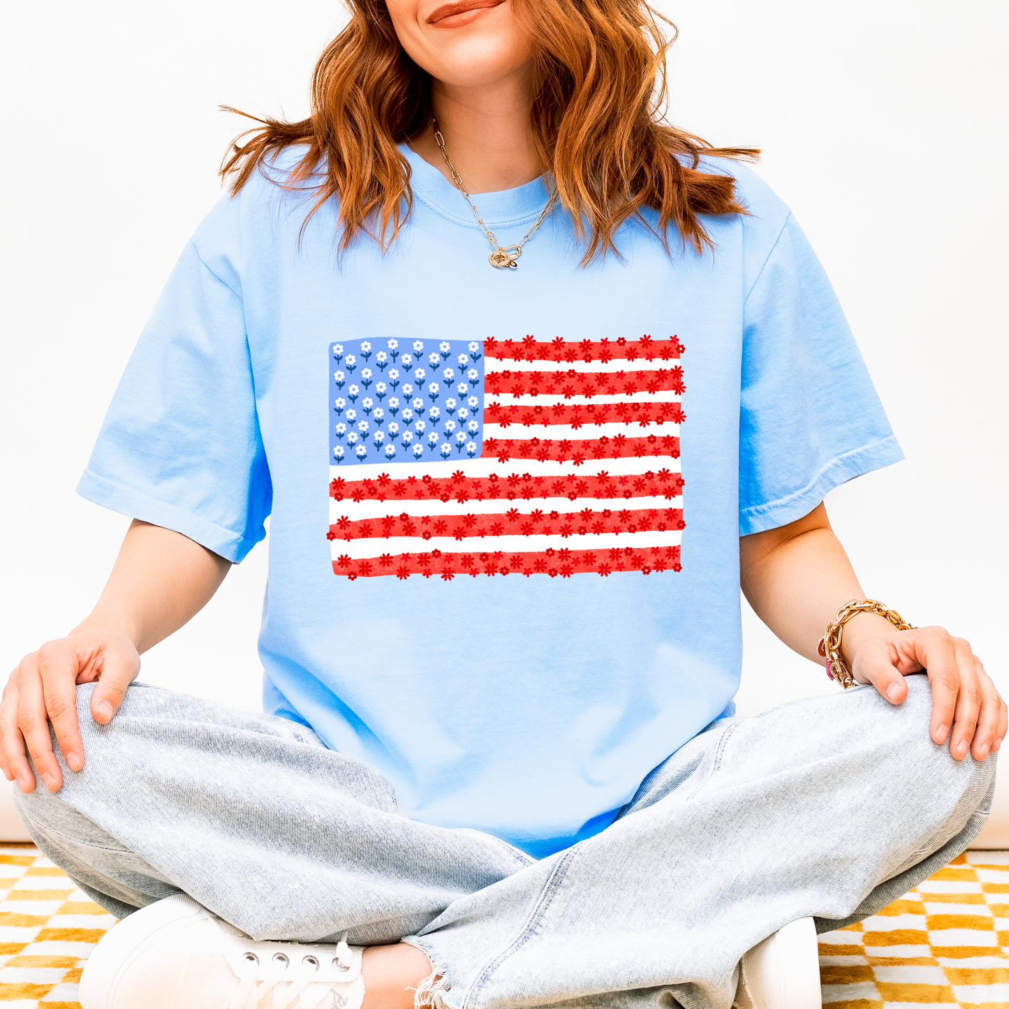 Comfort Colors 4th of July Daisy Floral Flag Tee - choose your color