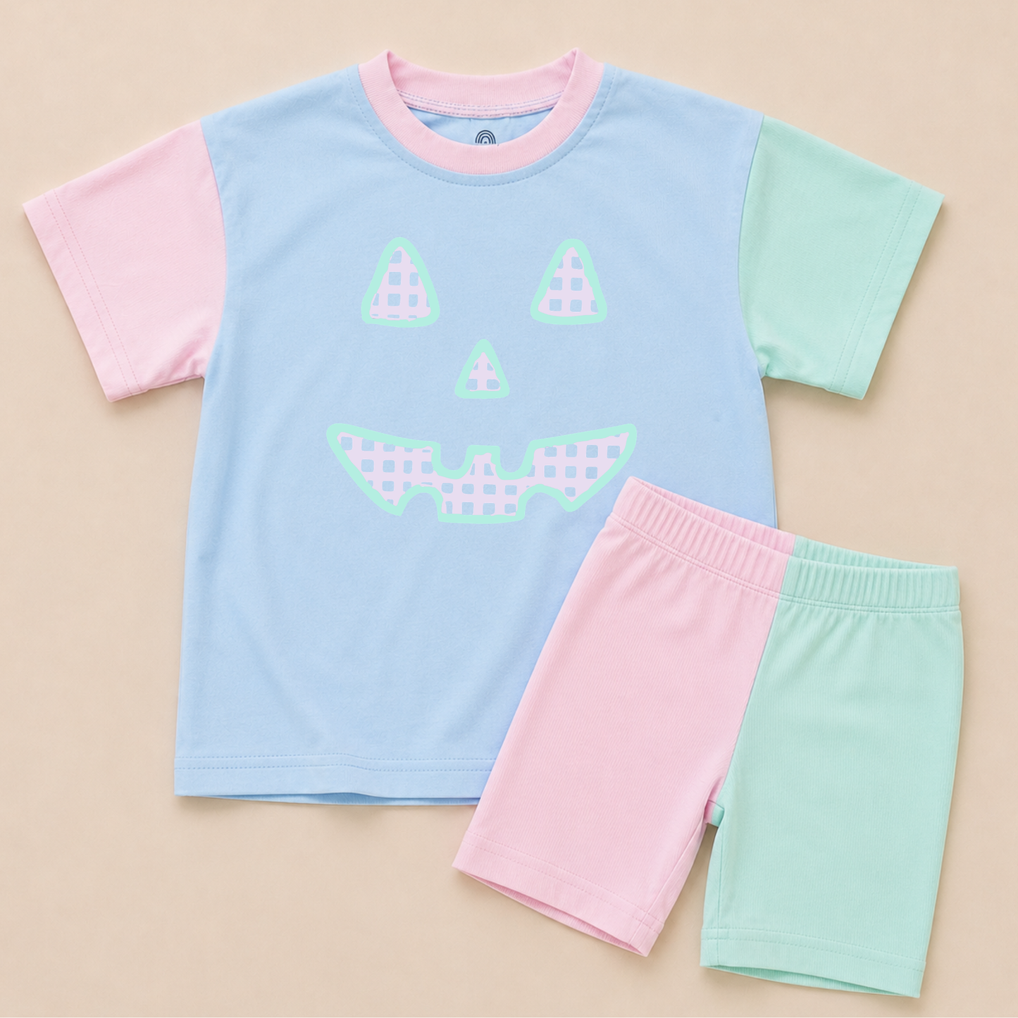Gingham Jack o'Lantern Colorblock Tee & Bamboo Shorts Set