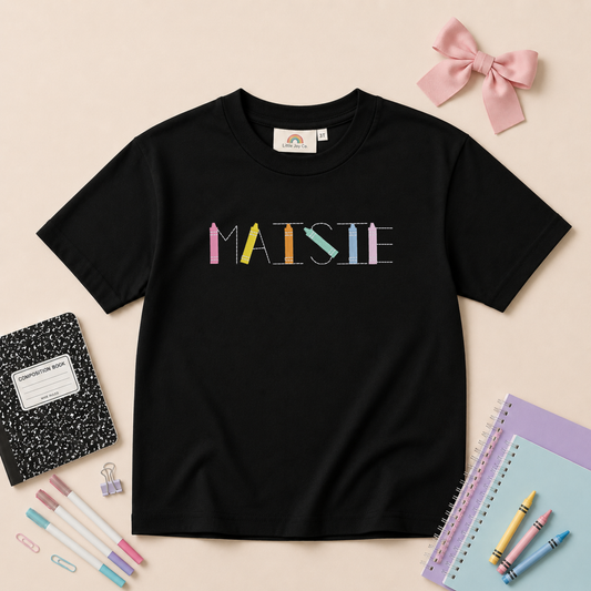 Custom Embroidered Black Oversized Tee or T-Shirt Romper - Back to School Crayon Font