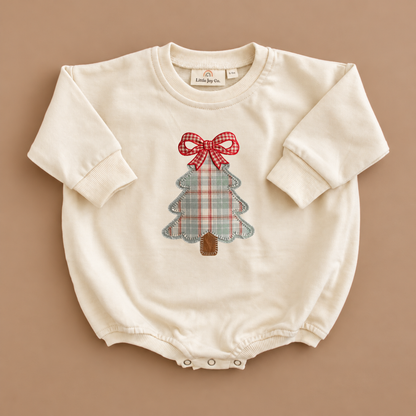 Patchwork Plaid Bow Christmas Tree Crewneck Sweatshirt or Romper - Red or Cream