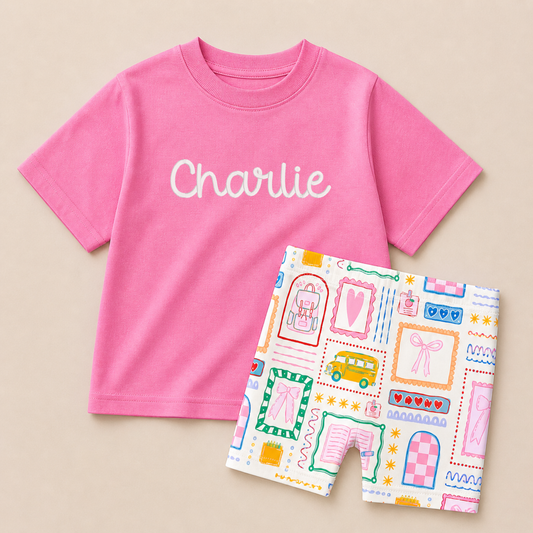 Custom Embroidered Girls Back to School Tee & Biker Shorts Set – Pink or Purple