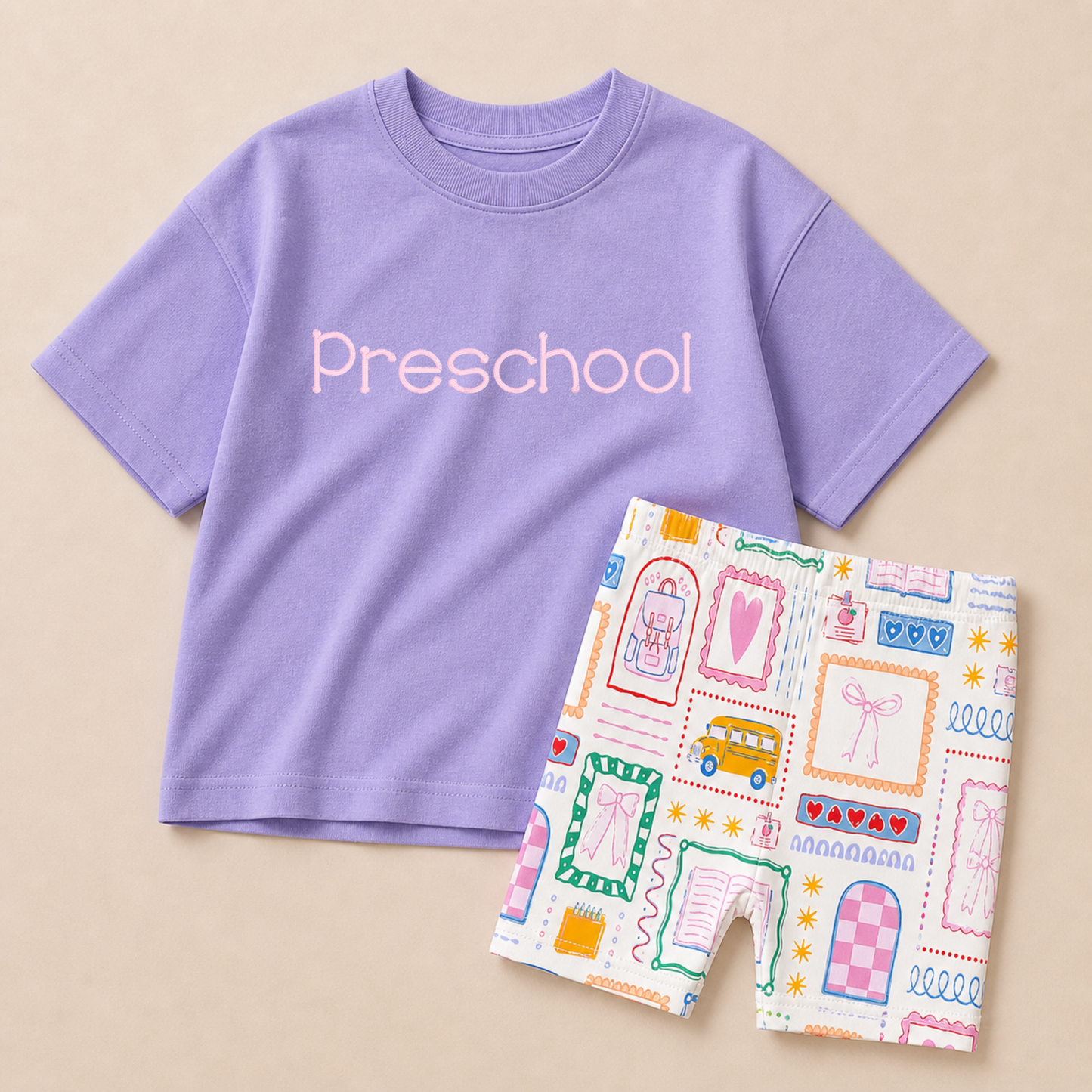 Personalized Embroidered Girls Back to School Tee & Biker Shorts Set – Pink or Purple