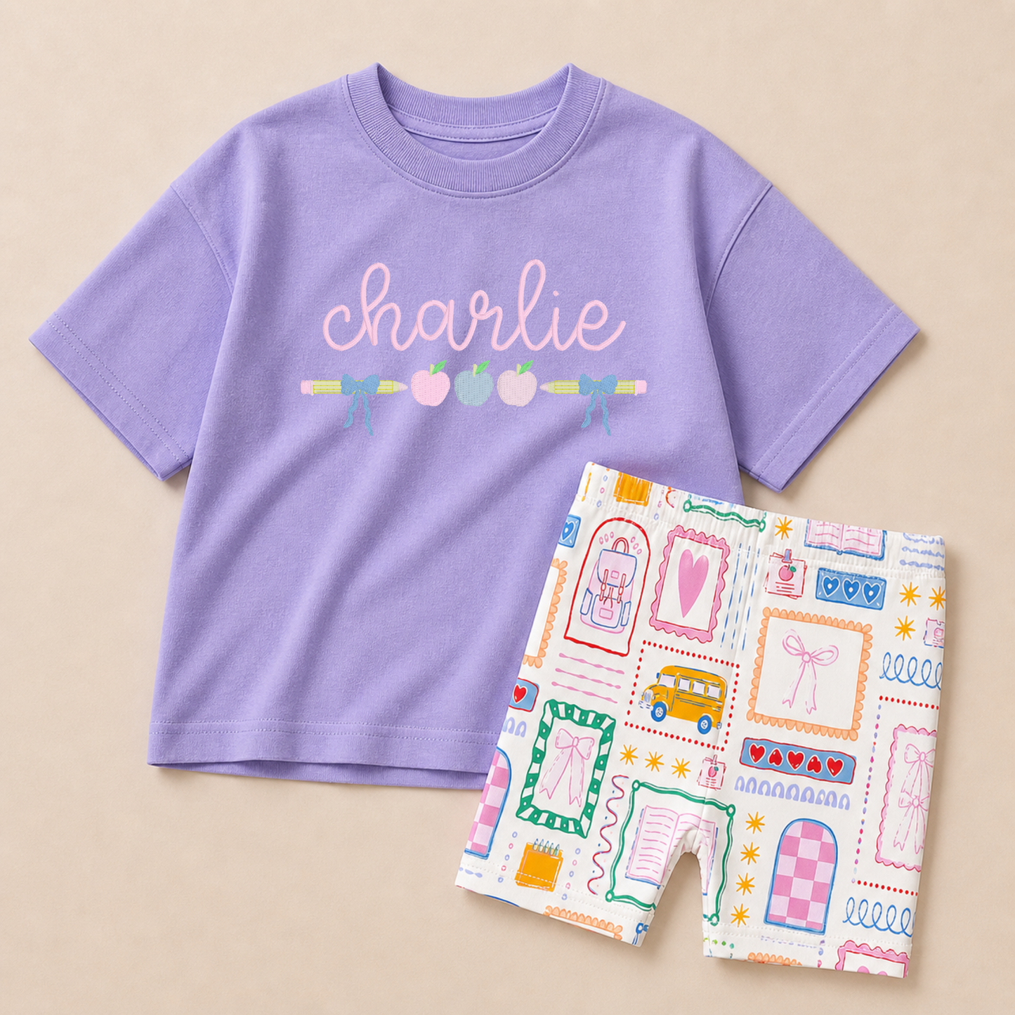 Personalized Embroidered Girls Back to School Tee & Biker Shorts Set – Pink or Purple